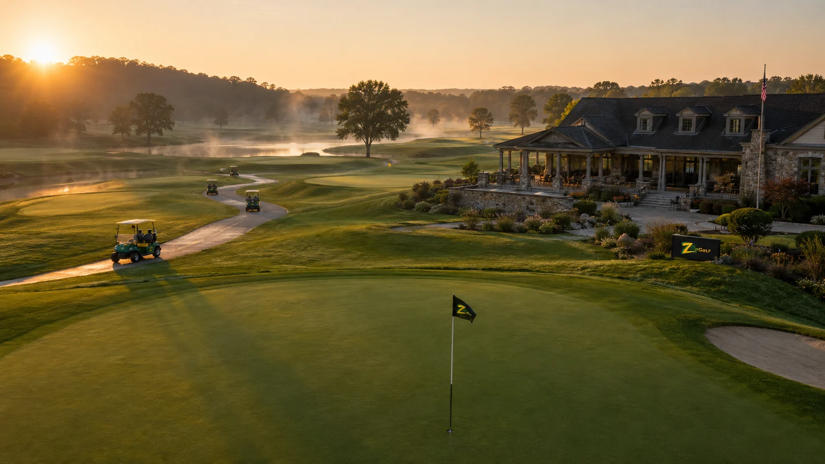 Wide sunrise view of the Zip Golf course, clubhouse, green and carts