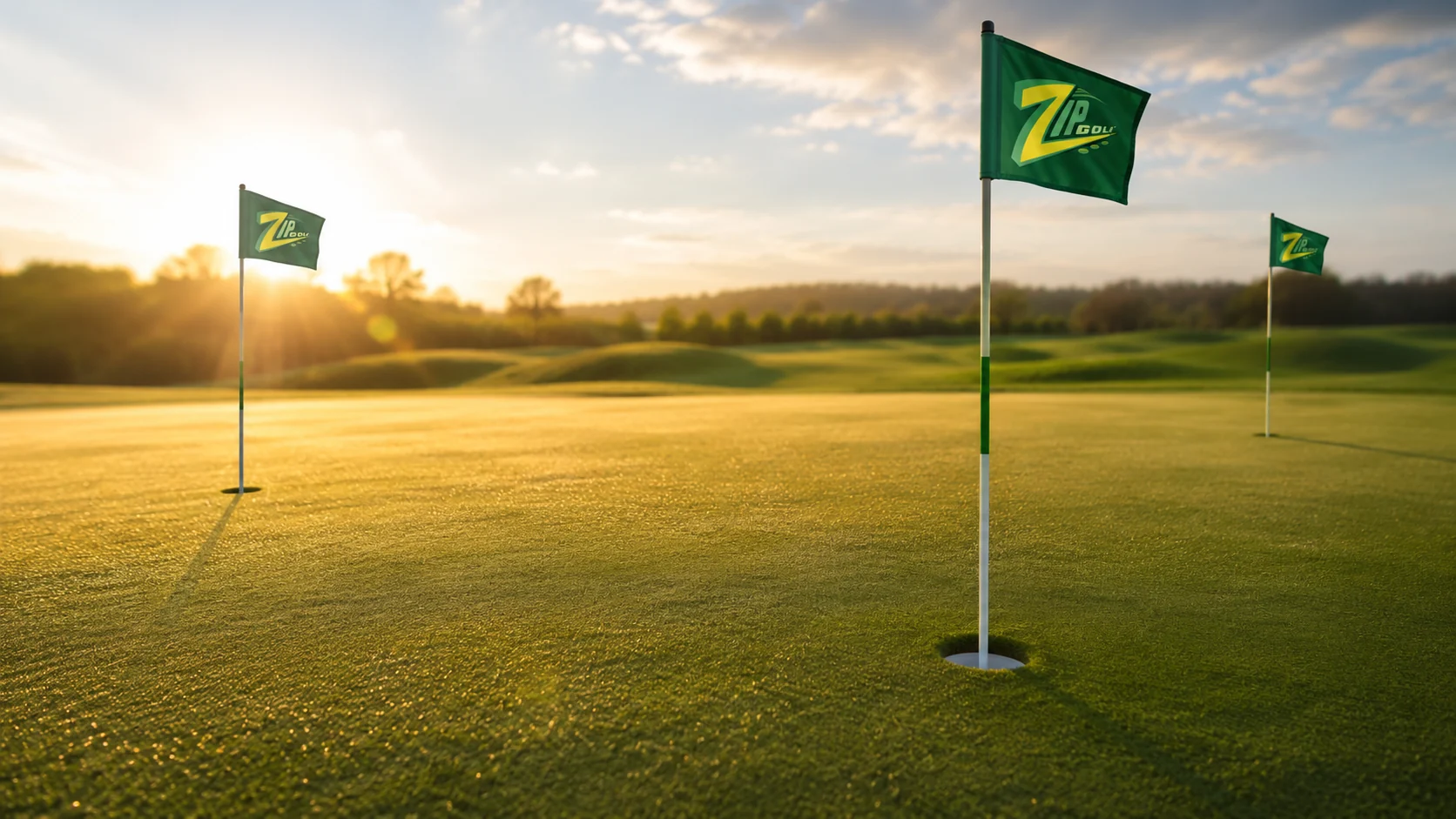 Three Zip Golf flags on a green with sunrise light