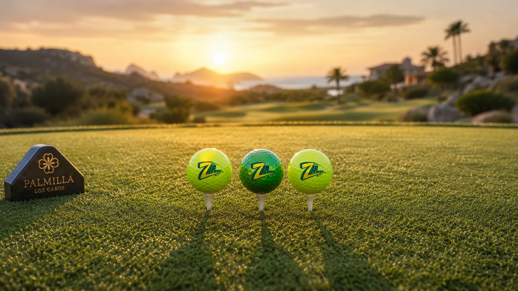 Three Zip Golf balls on a dewy tee box at sunrise